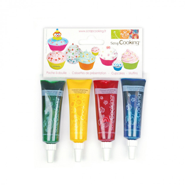 Colorants alimentaires liquides Scrapcooking (x4) - Vert, Jaune, Rouge,  Bleu - Décors gâteaux sur Cu