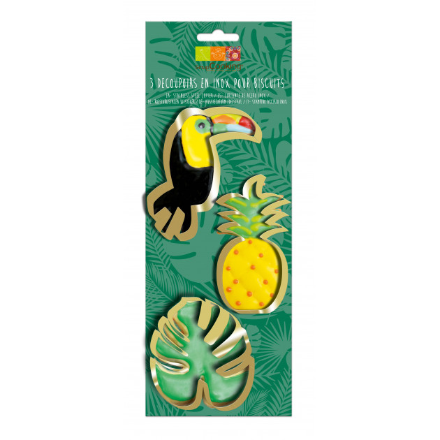 FIN DE SERIE Emporte-Pièces Toucan, Ananas, Feuille Tropicale Inox x3 Scrapcooking