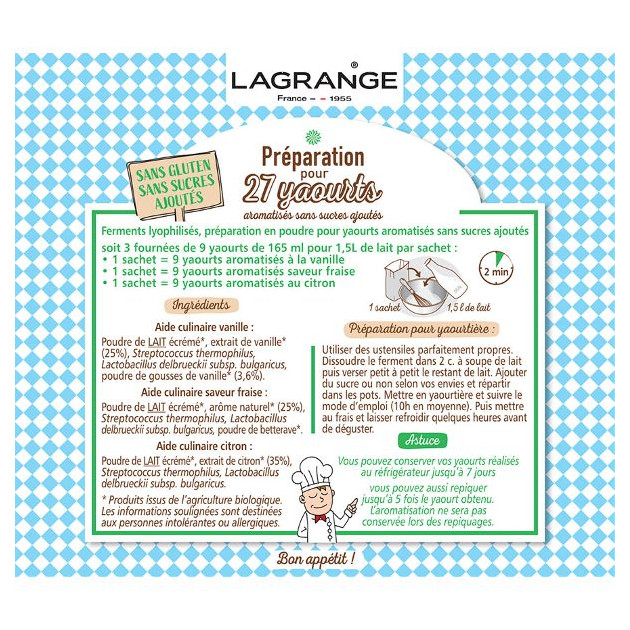 Ferment Lactique Bio 3 Sachets 12g Vanille, Fraise et Citron Lagrange -  , Achat, Vente