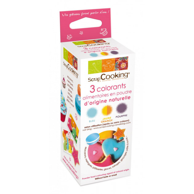 FIN DE SERIE Lot de 3 Colorants en Poudre Alimentaire Pourpre/Orange/Bleu Scrapcooking