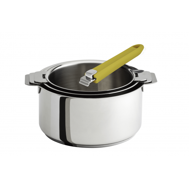 FIN DE SERIE Lot de 3 Casseroles inox avec Poignee Jaune Mutine Amovible Cristel