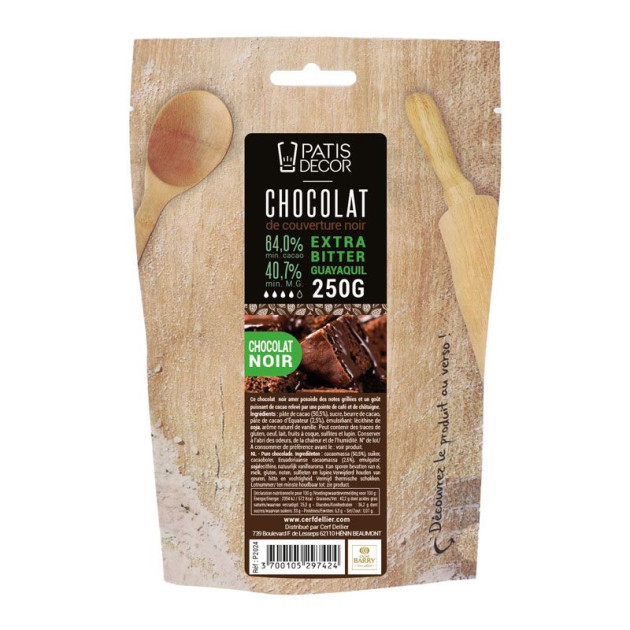 DLUO Courte Chocolat de Couverture Noir Extra Bitter Guayaquil 64% 250 g Patisdécor