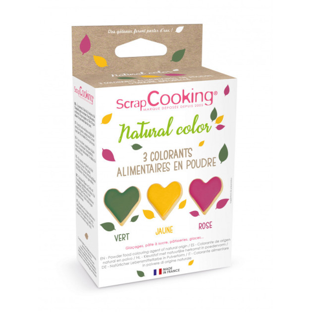 DLUO Courte Lot de 3 Colorants en Poudre Alimentaire Rose/Vert/Jaune Scrapcooking