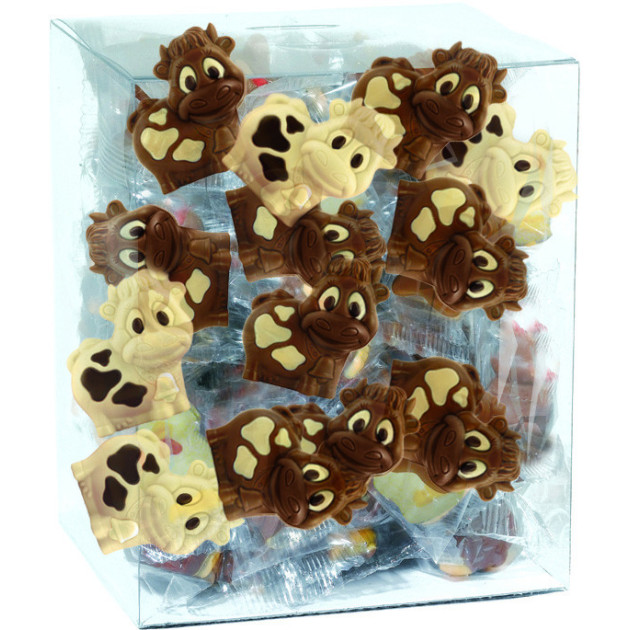 DLUO Dépassée Mini Vaches Décorées Chocolat Lait et Blanc 10g x45