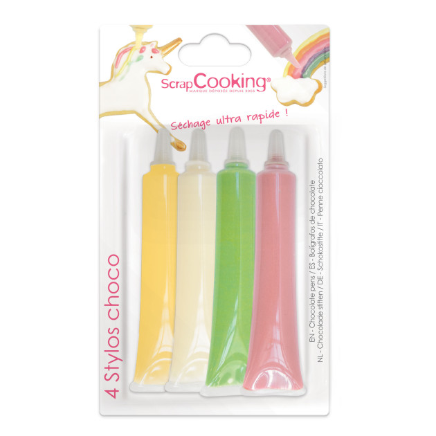 DLUO Dépassée 4 Stylos Chocolat Blanc Rose Vert Jaune 25g Scrapcooking