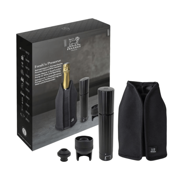 Coffret Pompe à Vin et Champagne Double Manuelle ABS + Rafraichisseur Frizz Noir Peugeot