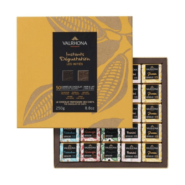 DLUO Courte Coffret 50 Carrés de Chocolats Noir et Lait Les Initiés 250 g Valrhona