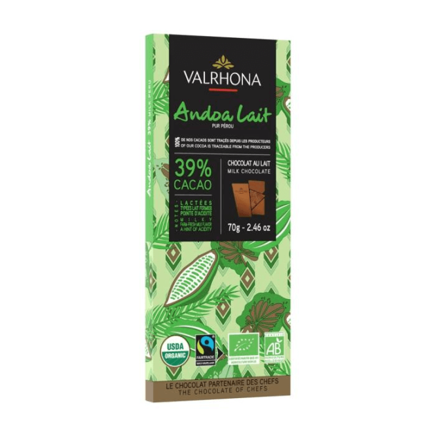 DLUO Courte Tablette de Chocolat au Lait Andoa 39% Bio 70 g Valrhona