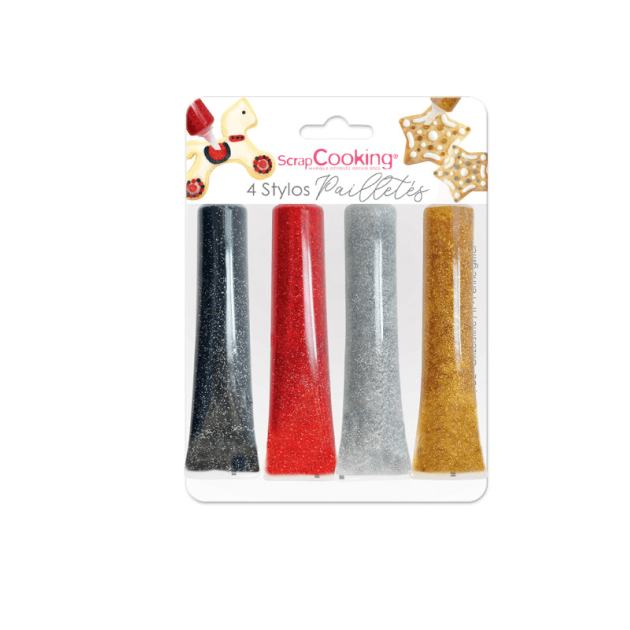 DLUO Courte 4 Stylos Glaçage Pailletés Noir Rouge Argenté Doré Scrapcooking