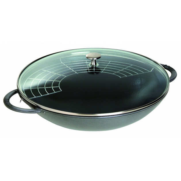 Wok en Fonte 37 cm Gris Staub, wok avec couvercle en verre, Achat, Vente,  Acheter